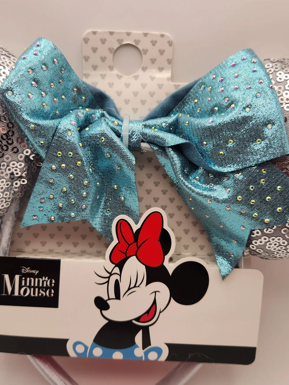 Disney Silver Sequin Minnie Ears Headband with Turquoise Bow